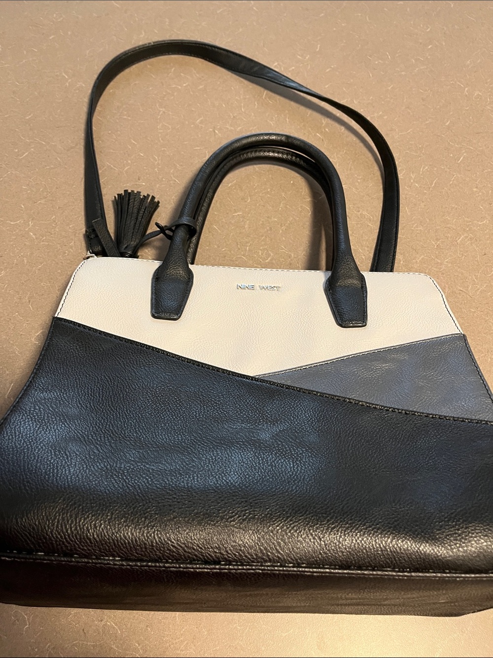 Nine West Black, Cream & Gray Colorblock Satchel with Tassel